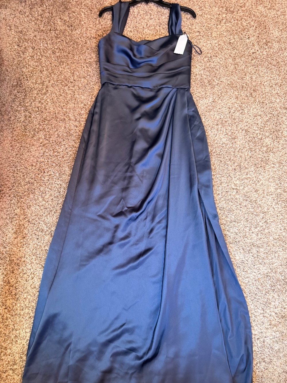 Amsale Navy Blue Draped Floor Length Satin Gown